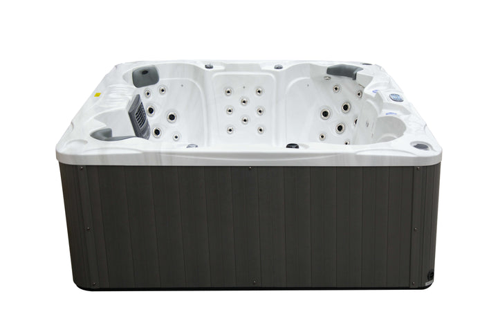 Side view of the Luso Spas Miami Hot Tub highlighting seat arrangement and jet configuration, on a white background.