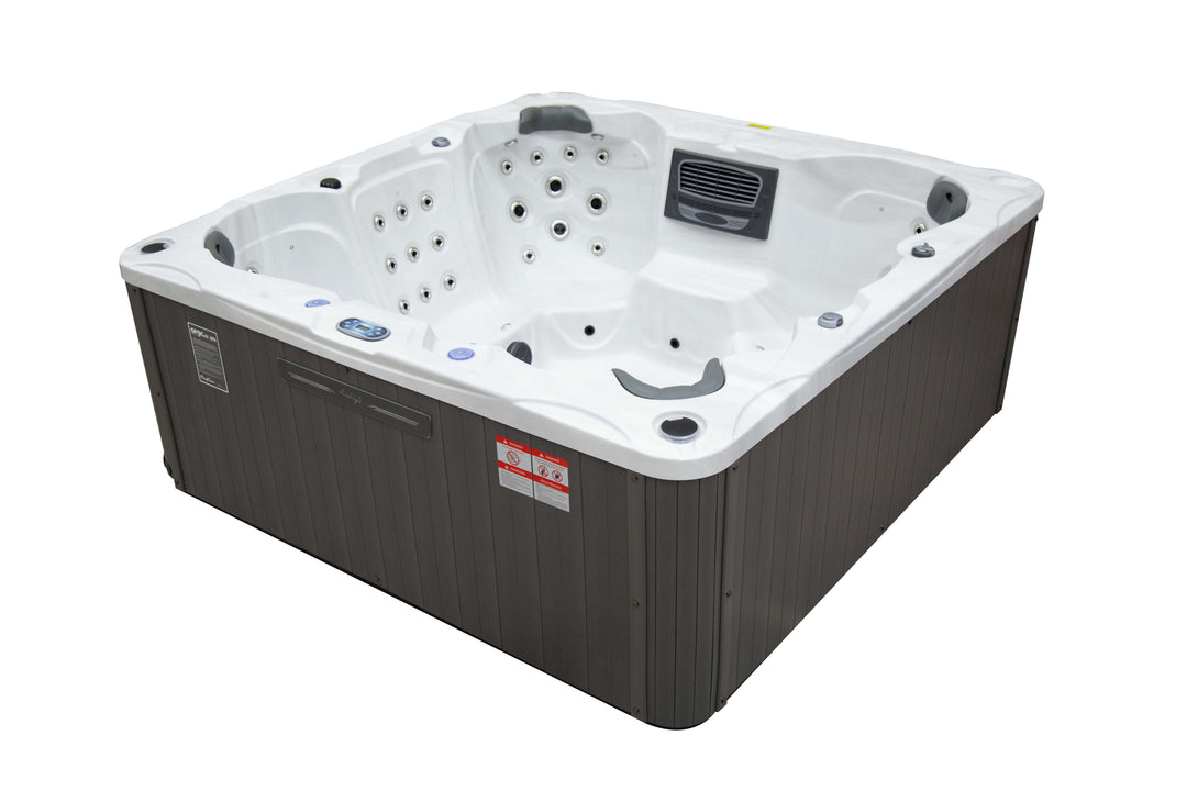 Rear angled view of the Luso Spas Miami Hot Tub with control panel and drink holders visible, on a white background.