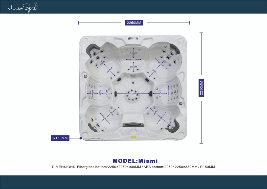 Top-down view of the Luso Spas Miami Hot Tub showing internal seat dimensions and jet placement, on a white background.