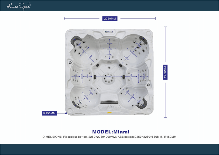 Top-down view of the Luso Spas Miami Hot Tub showing internal seat dimensions and jet placement, on a white background.