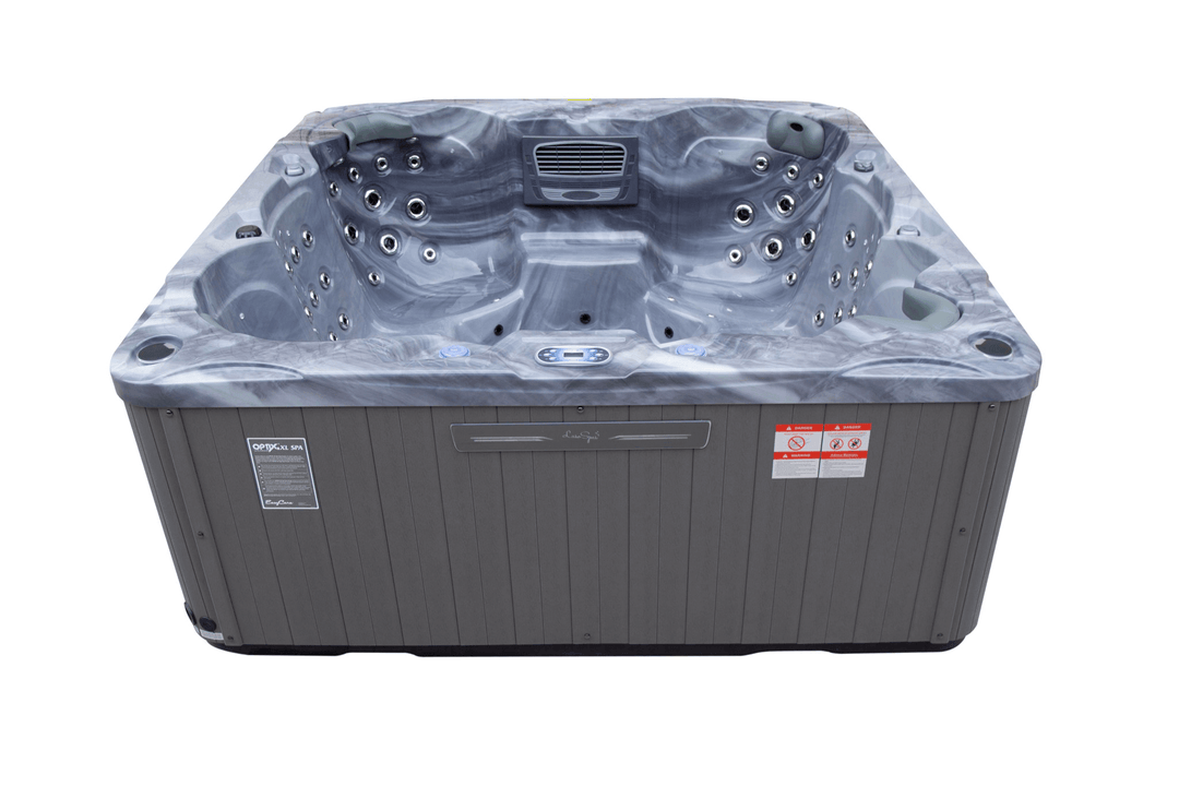 Front angled view of the Luso Spas Miami Hot Tub in storm grey acrylic with grey cabinet, on a white background.