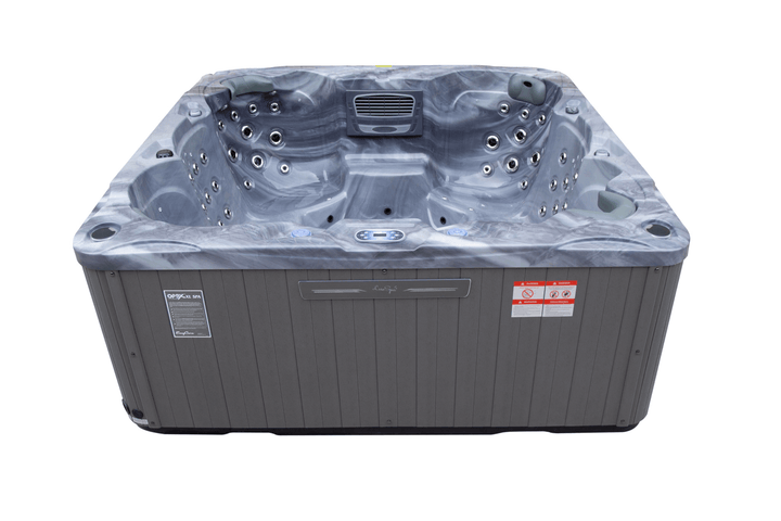 Front angled view of the Luso Spas Miami Hot Tub in storm grey acrylic with grey cabinet, on a white background.