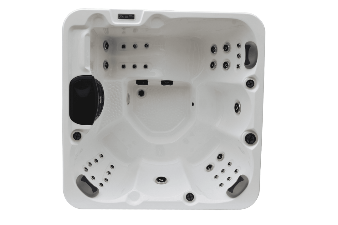 Angled top view of Luso Spas The Opal Plug & Play Hot Tub with fitted cover and side steps on a white background.