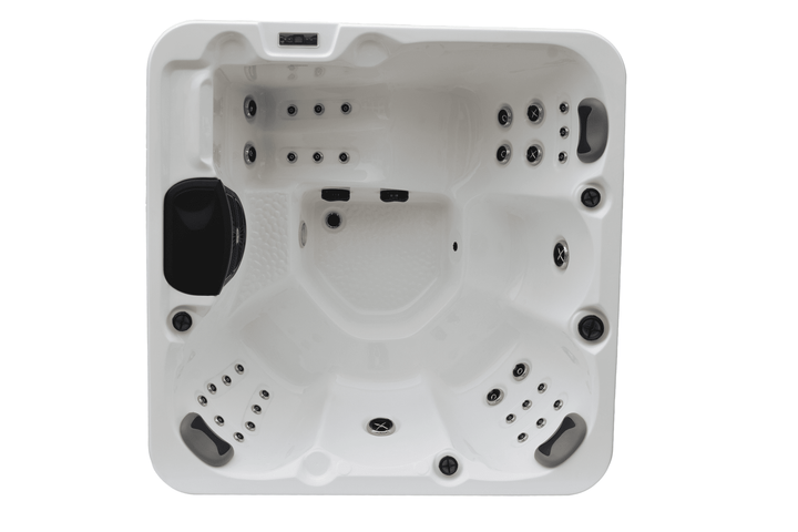 Angled top view of Luso Spas The Opal Plug & Play Hot Tub with fitted cover and side steps on a white background.