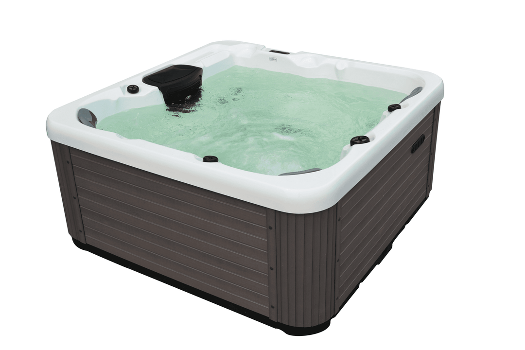 Rear corner view of Luso Spas The Opal Plug & Play Hot Tub in white acrylic finish with modern grey panel exterior on a white background.