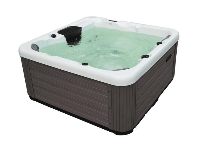 Rear corner view of Luso Spas The Opal Plug & Play Hot Tub in white acrylic finish with modern grey panel exterior on a white background.