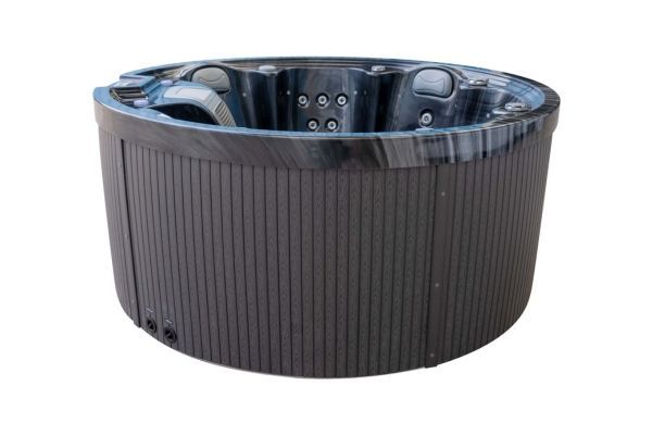 Side exterior view of Luso Spas The Orb Hot Tub with grey wood-effect panels and black marble acrylic interior on a white background.