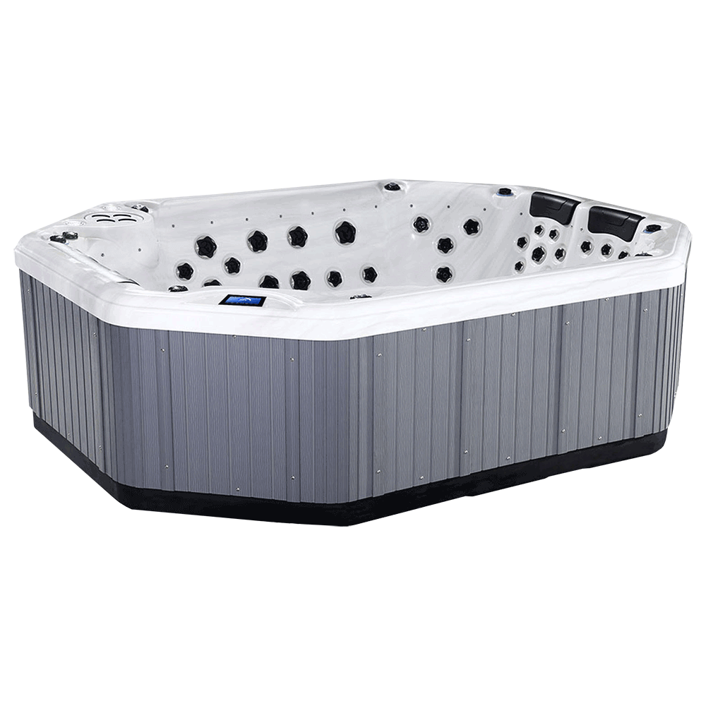 Side perspective of the Luso Spas The Party Pool 2 hot tub with white interior and grey exterior paneling on a transparent background.