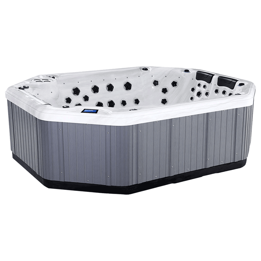 Side perspective of the Luso Spas The Party Pool 2 hot tub with white interior and grey exterior paneling on a transparent background.