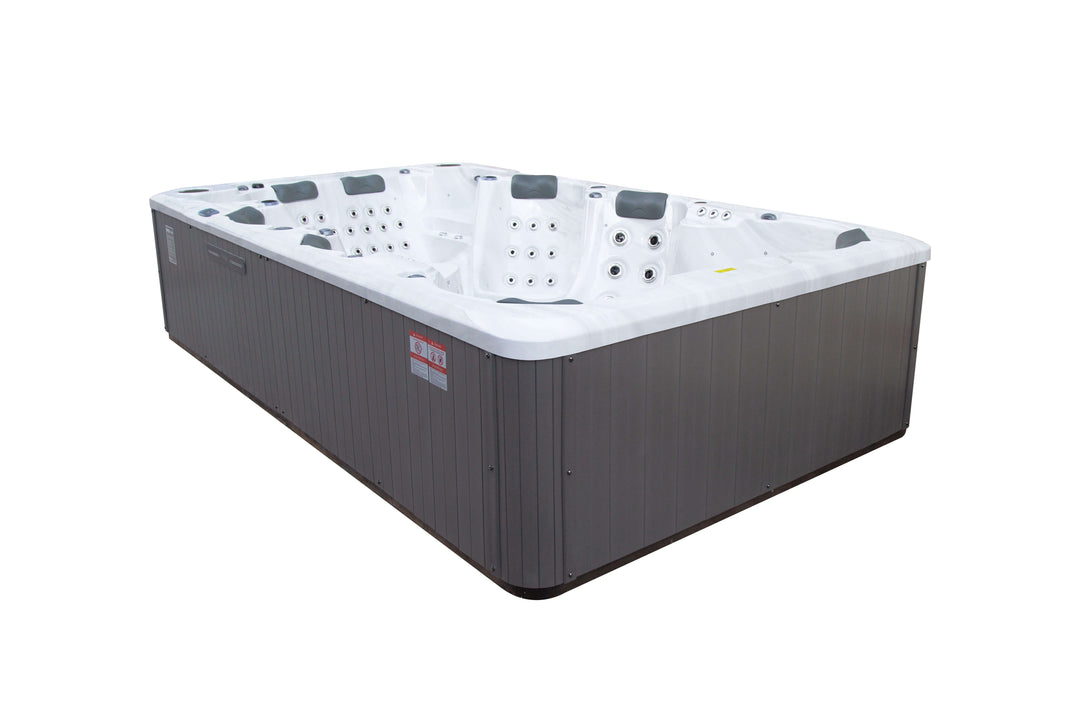 Side view of the Luso Spas The Party Pool Hot Tub in storm grey finish on a white background.