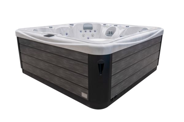 Luso Spas The Platinum 10 Hot Tub angled corner view with white interior and grey paneling on a white background.