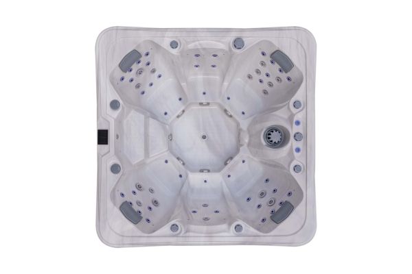 Top view of Luso Spas The Platinum 10 Hot Tub with white acrylic shell and multiple seating areas on a white background.
