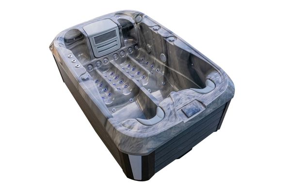 Top angled view of Luso Spas The Platinum 1 Hot Tub in grey marble finish showing twin reclined seats with massage jets and built-in headrests, on a white background.