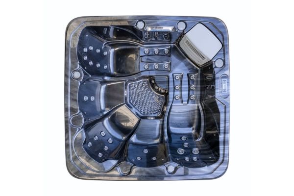 Top-down view of Luso Spas The Platinum 2 Hot Tub in black marble finish showing ergonomic seating layout and jet placement on a white background.