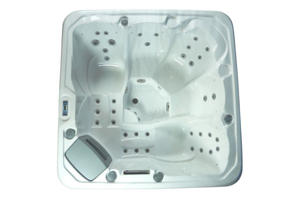 Top-down view of Luso Spas The Platinum 2 Hot Tub in white acrylic highlighting ergonomic seating and hydrotherapy jets on a white background.