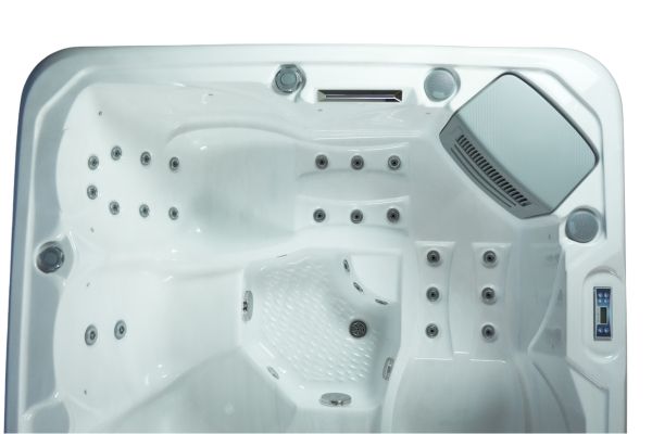 Overhead view of Luso Spas The Platinum 2 Hot Tub in white acrylic finish with multiple jet zones and LED controls on a white background.
