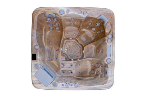 Top-down view of Luso Spas The Platinum 3 Hot Tub in brown marble acrylic finish, on a white background.