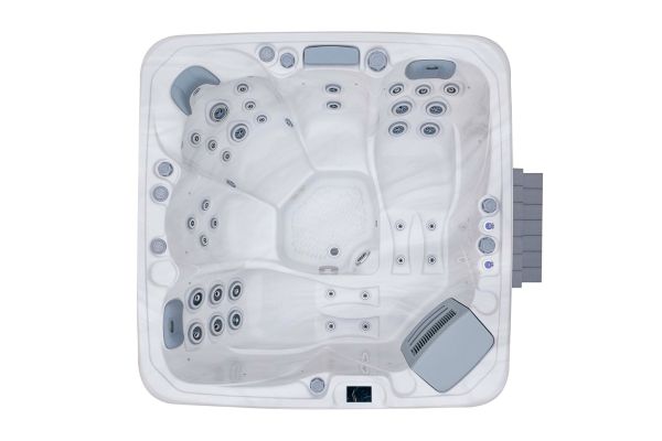 Top-down view of Luso Spas The Platinum 3 Hot Tub in white acrylic finish with visible seating layout and controls, on a white background.