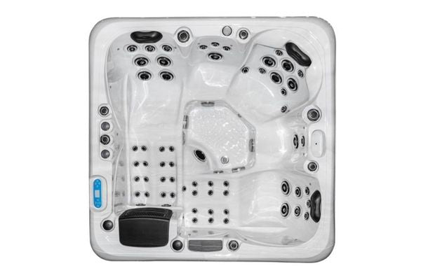 Top-down view of Luso Spas The Platinum 4 Hot Tub in white acrylic finish showing all seating and jet positions, on a white background.