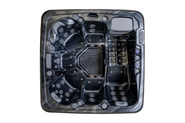 Top-down view of Luso Spas The Platinum 5 Hot Tub in black acrylic with symmetrical seat design, on a white background.