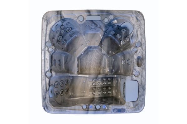 Top-down view of Luso Spas The Platinum 5 Hot Tub in Odyssey Grey acrylic highlighting the seating arrangement and jets, on a white background.