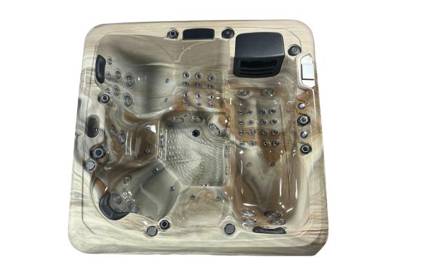 Luso Spas The Platinum 6 Hot Tub top view in brown marble shell on a white background.