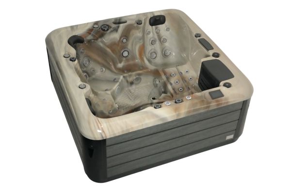 Luso Spas The Platinum 6 Hot Tub in brown marble shell and grey cabinet on a white background.