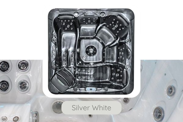 Top-down view of Luso Spas The Platinum 9 Hot Tub in silver white finish with dual acrylic color samples on a white background.