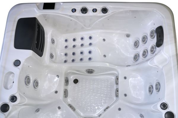 Top-down view of Luso Spas The Platinum 7 Hot Tub in white acrylic with jet layout, on a white background.