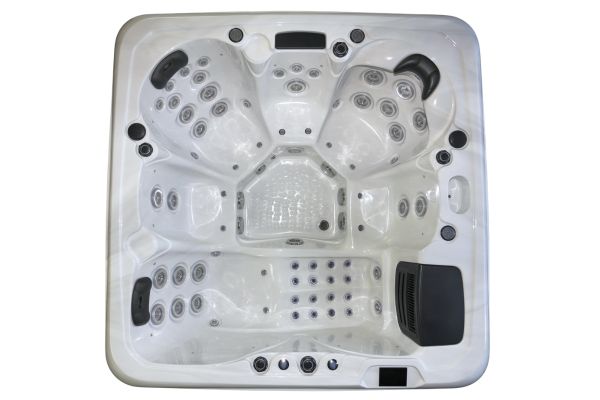 Full top-down view of the Luso Spas The Platinum 7 Hot Tub in white acrylic showing seat arrangement and jet configuration, on a white background.