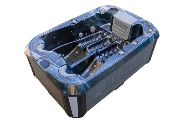 Top angled view of Luso Spas The Platinum 1 Hot Tub in dark marble finish showing dual recliner layout and hydrotherapy jets, on a white background.