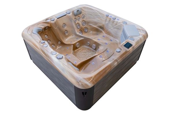 Luso Spas The Platinum 3 Hot Tub in brown marble acrylic finish, angled view, on a white background.
