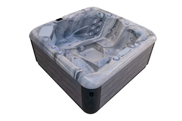 Luso Spas The Platinum 3 Hot Tub in grey marble acrylic finish, angled front-left view, on a white background.