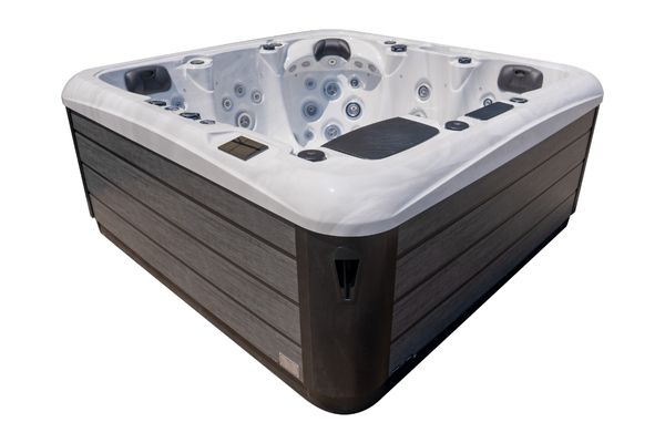 Luso Spas The Platinum 6 Hot Tub in white shell and grey cabinet on a white background.