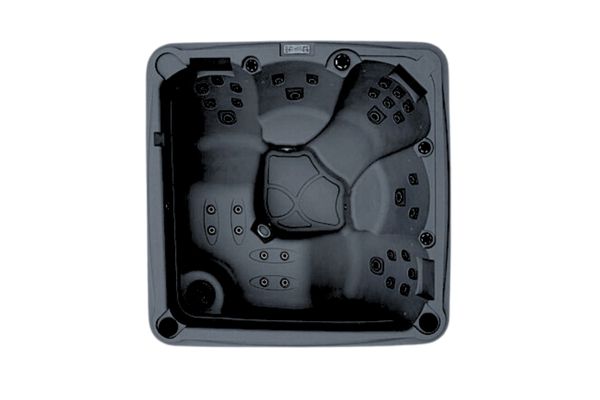 Top-down image of Luso Spas The Rota Laguna Hot Tub in glossy black finish highlighting seating layout and jet positions on a white background.