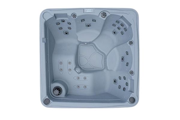 Top-down view of Luso Spas The Rota Laguna Hot Tub in light grey showing ergonomic seating and hydrotherapy jets on a white background.