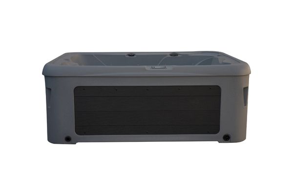 Side view of Luso Spas The Rota Triad Hot Tub in grey finish highlighting modern exterior panel design on a white background.