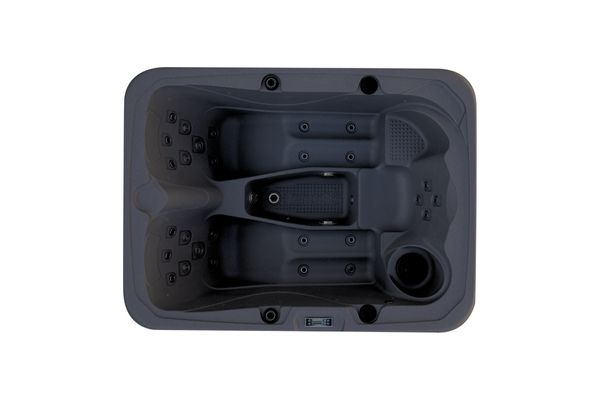 Top-down view of Luso Spas The Rota Triad Hot Tub in dark grey showing dual loungers, jet layout, and central footwell on a white background.
