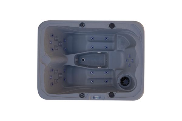 Overhead view of Luso Spas The Rota Triad Hot Tub in light grey with twin loungers and ergonomic seating on a white background.