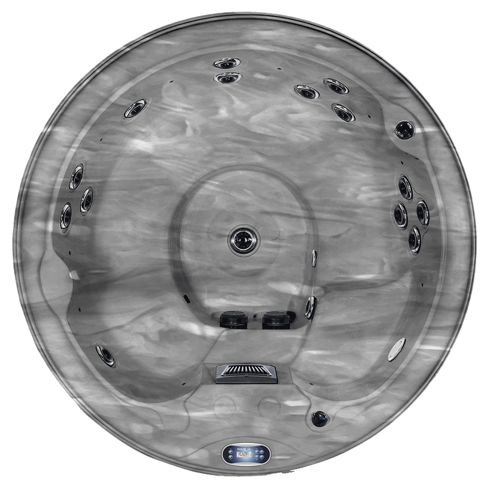 Top-down view of Luso Spas The Solas Plug & Play Hot Tub in grey marble finish showing jet layout and central foot massage area on a transparent background.