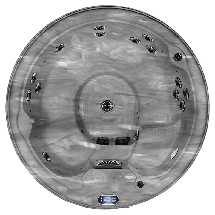 Top-down view of Luso Spas The Solas Plug & Play Hot Tub in grey marble finish showing jet layout and central foot massage area on a transparent background.