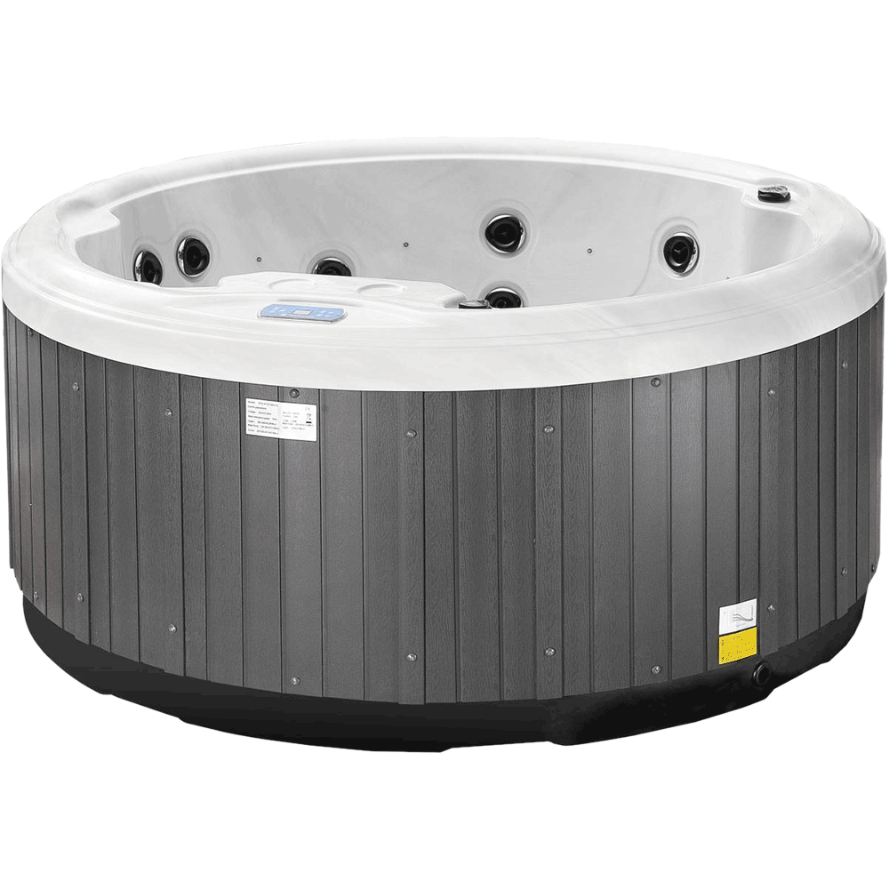 Side view of Luso Spas The Solas Plug & Play Hot Tub with round design, white acrylic shell, and grey wood-effect exterior panels on a transparent  background.