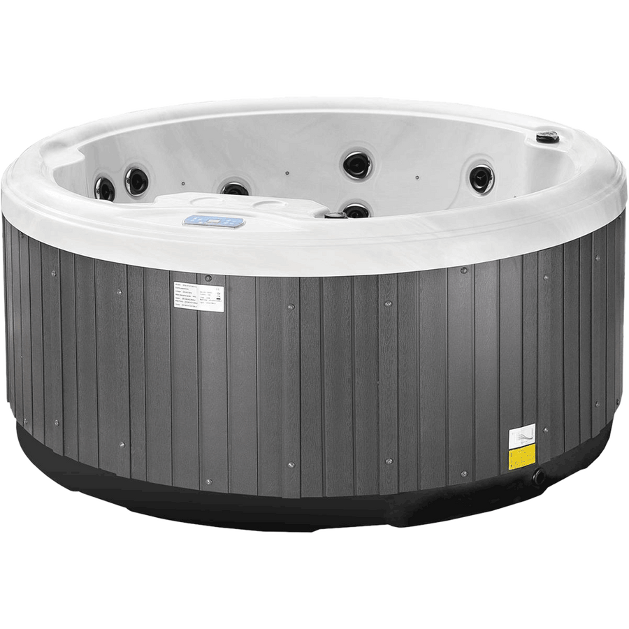 Side view of Luso Spas The Solas Plug & Play Hot Tub with round design, white acrylic shell, and grey wood-effect exterior panels on a transparent  background.