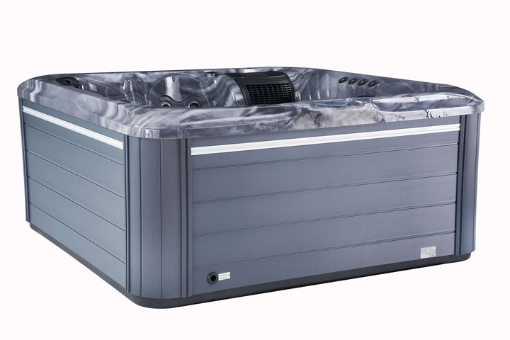 Side view of Luso Spas The Vela Hot Tub in black marble finish showing modern grey cabinet panels and premium build design on a white background.