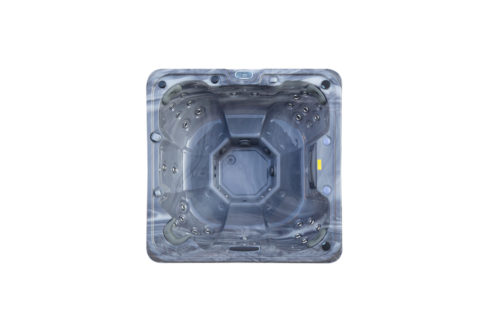 Top-down view of Luso Spas The Venice 2 Hot Tub with dark marble-effect shell and multiple hydrotherapy jets on a white background.