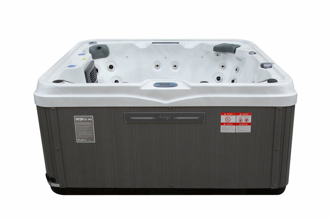 Front view of Luso Spas The Venice 2 Hot Tub showing interior seating, jets, and control panel on a white background.