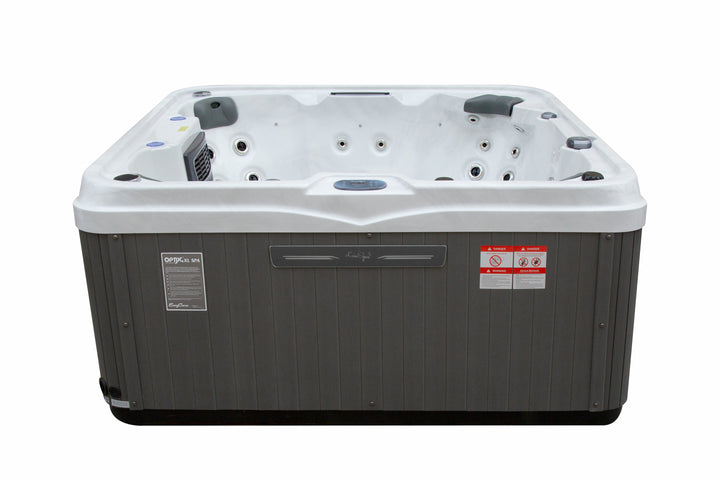 Front view of Luso Spas The Venice 2 Hot Tub showing interior seating, jets, and control panel on a white background.