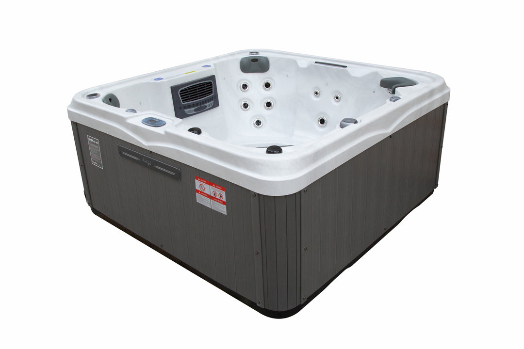 Angled side view of Luso Spas The Venice 2 Hot Tub displaying white acrylic interior and grey wood-effect exterior panels on a white background.