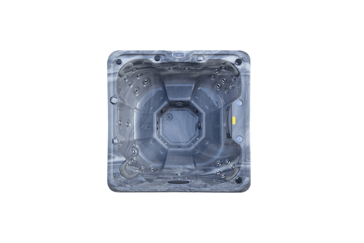 Top-down view of Luso Spas The Venice Hot Tub in dark marble finish showcasing internal seating and jet arrangement, on a white background.