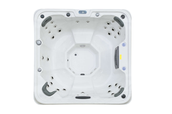 Overhead view of Luso Spas The Venice Hot Tub in white acrylic finish highlighting seating layout and hydrotherapy jet placement, on a white background.
